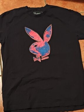 PLAYBOY Black Tee with Pink and Blue Bunny Graphic